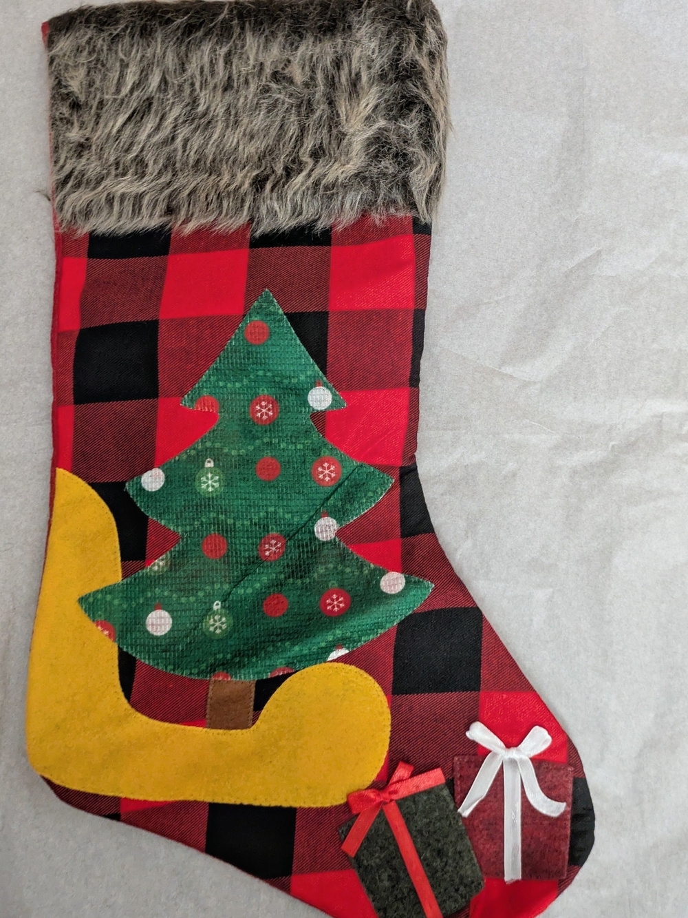 Red Buffalo Plaid Christmas Stocking with Green Tree and Faux Fur Cuff